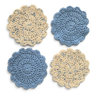 Handmade by Erika Liesel set of 4 round crochet cotton coasters in blue and cream speckled yarn with scalloped edges