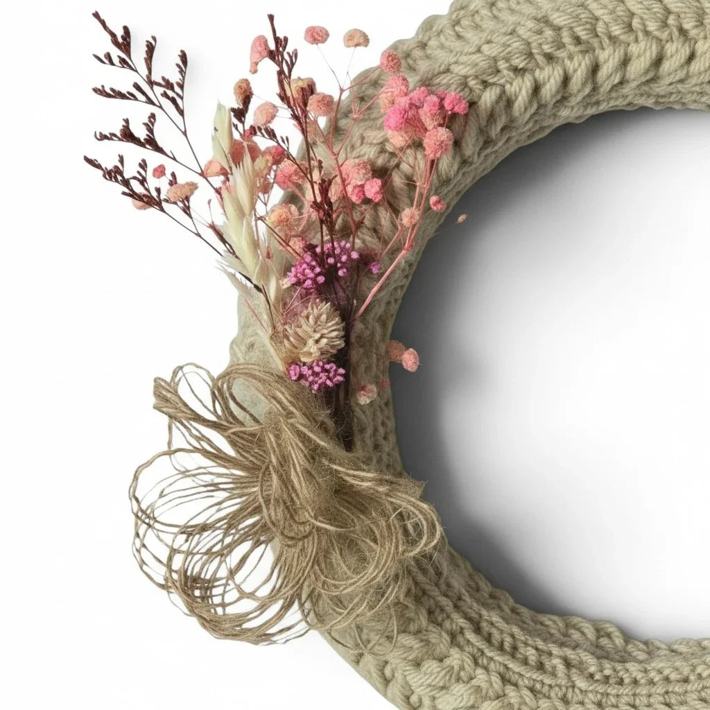 Handmade by Erika Liesel crochet wreath in neutral beige with pink dried floral accents and a rustic twine bow