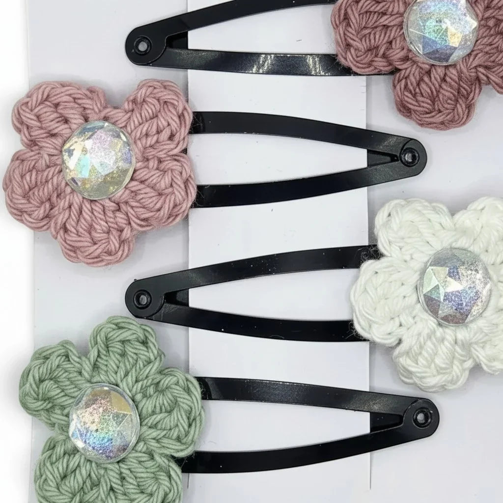 Handmade by Erika Liesel crochet flower snap clips in pink, white, and sage green with sparkling rhinestone centers.