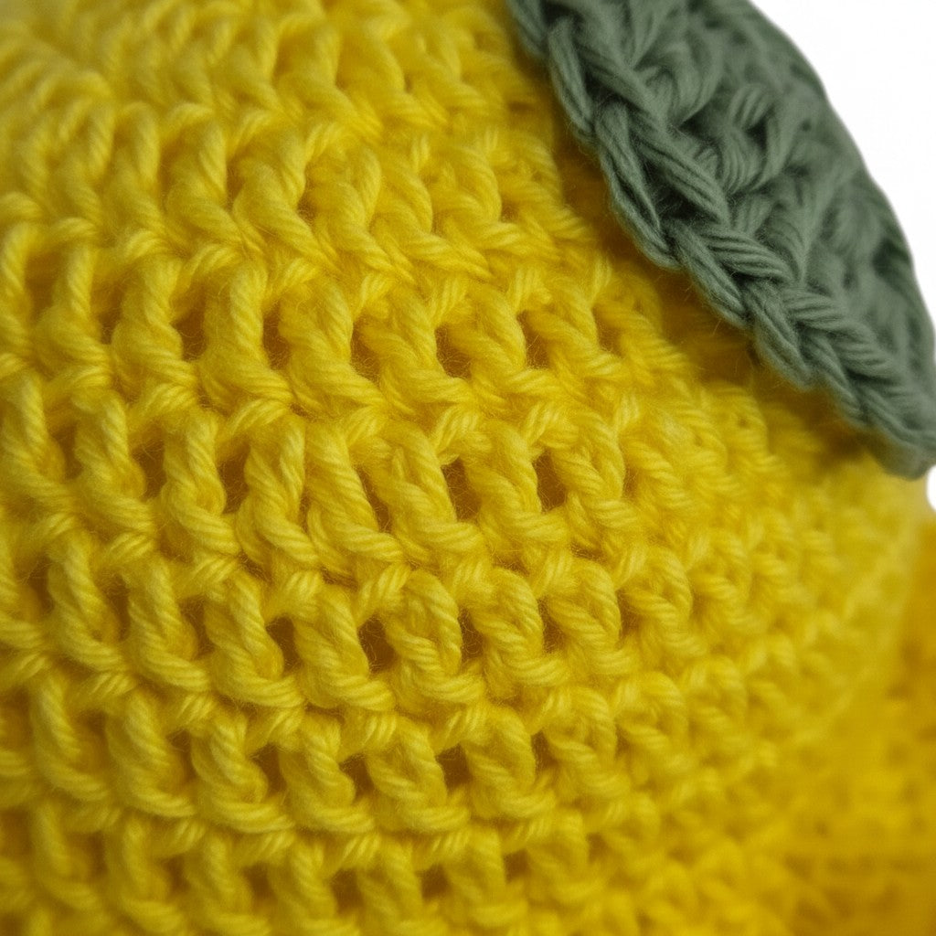 Handmade by Erika Liesel yellow hand-crocheted cotton fruit gnome hat with a green leaf detail