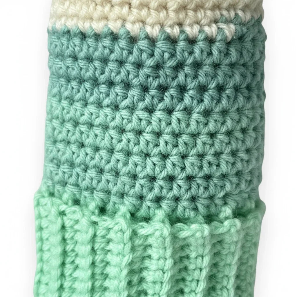 Handmade by Erika Liesel crochet gnome hat in cream and shades of green with a textured ribbed brim