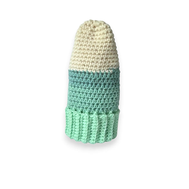 Handmade crochet beanie in cream and mint green, cozy winter hat with ribbed brim
