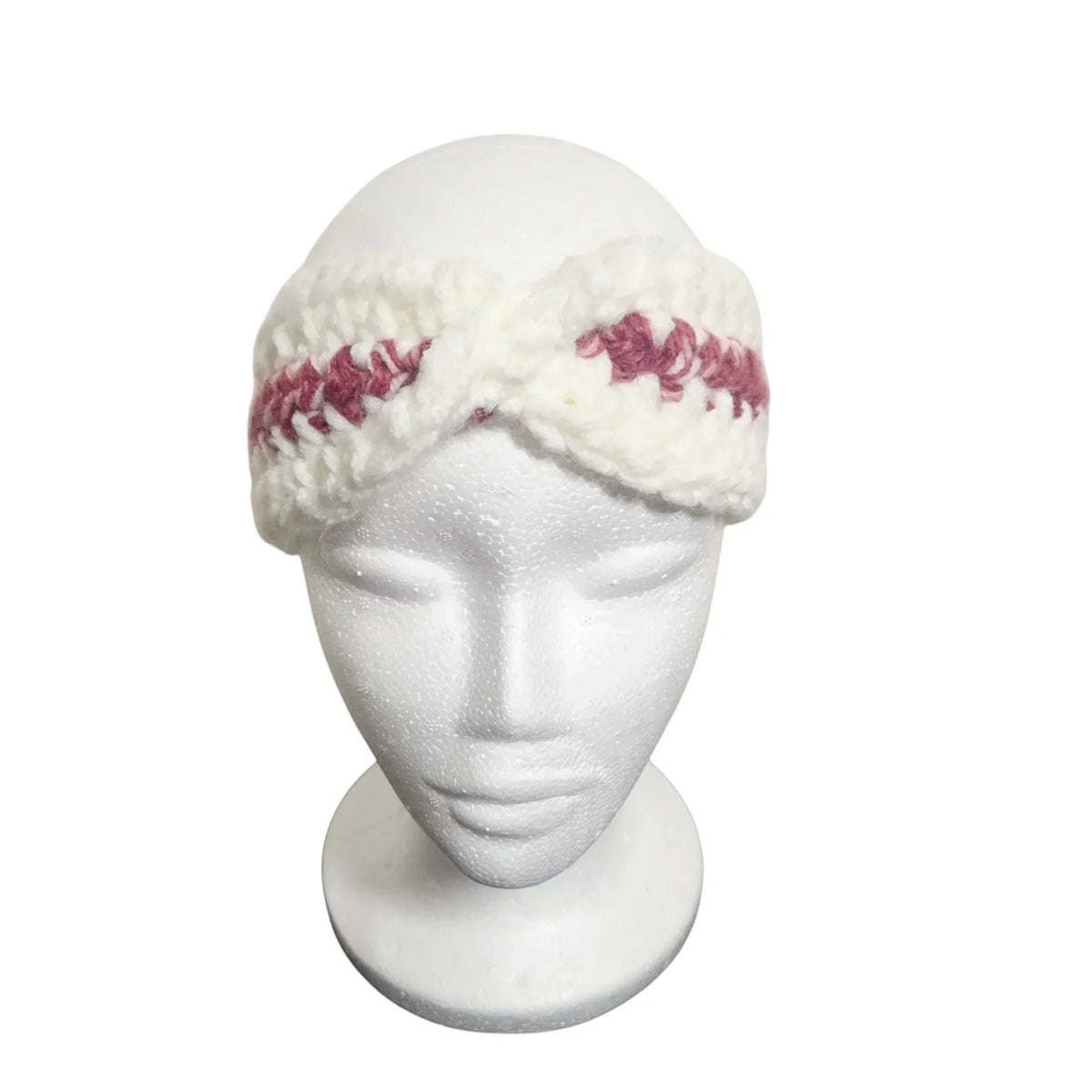 Handmade by Erika Liesel kids crochet ear warmer in cream and maroon with a twisted front design on a mannequin head