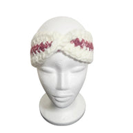 Handmade by Erika Liesel kids crochet ear warmer in cream and maroon with a twisted front design on a mannequin head