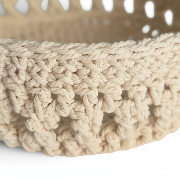 Handmade by Erika Liesel beige crochet twine trinket dish with a textured open-weave pattern and sturdy starched finish