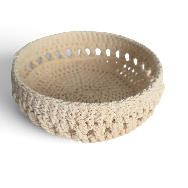 Handmade by Erika Liesel neutral crochet twine trinket dish with a sturdy starched minimalist design.