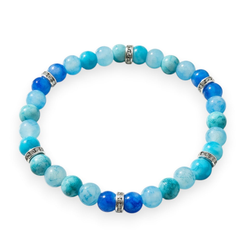 Handmade by Erika Liesel Crystal Tide stretch bracelet with aqua, turquoise, and blue glass beads and rhinestone spacers