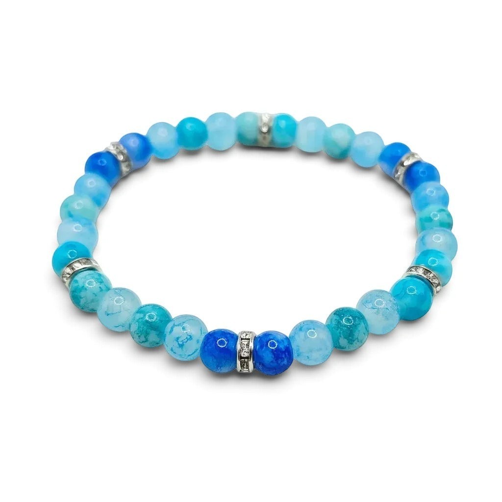 Handmade by Erika Liesel Crystal Tide stretch bracelet with aqua, turquoise, and blue glass beads and rhinestone spacers