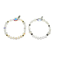 Handmade by Erika Liesel custom elastic bracelet gift set featuring clear crystal beads with gold or silver lettering