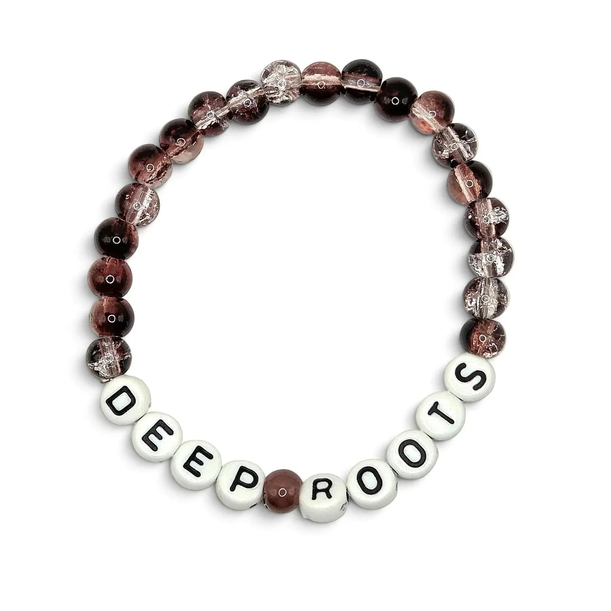 Handmade by Erika Liesel Deep Roots stretch bracelet with smoky brown crackle glass beads and white letter beads.