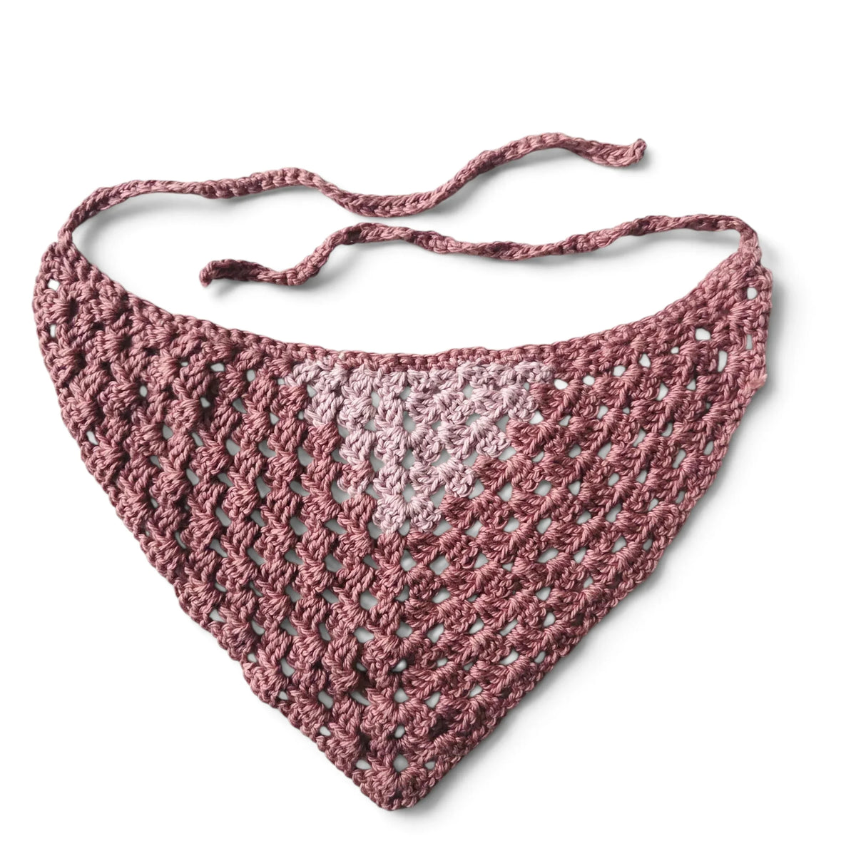 Handmade by Erika Liesel dusty rose crochet bandana with a soft, lightweight, and breathable triangular design.