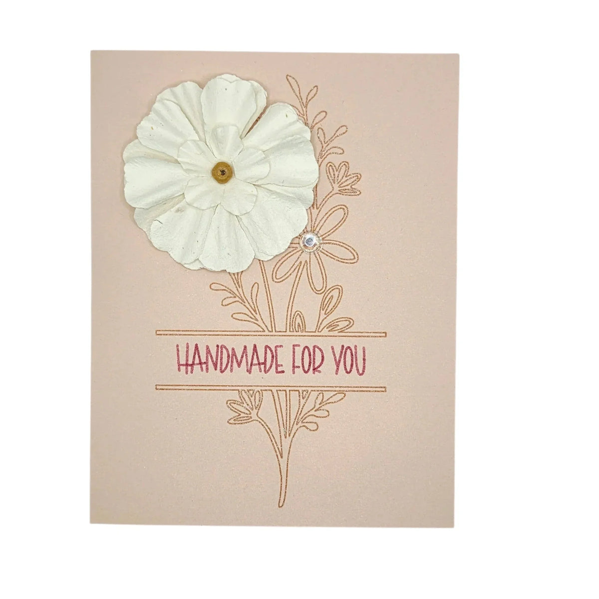 Handmade by Erika Liesel floral card on blush pink cardstock with a 3D white paper flower and gold foil lettering.