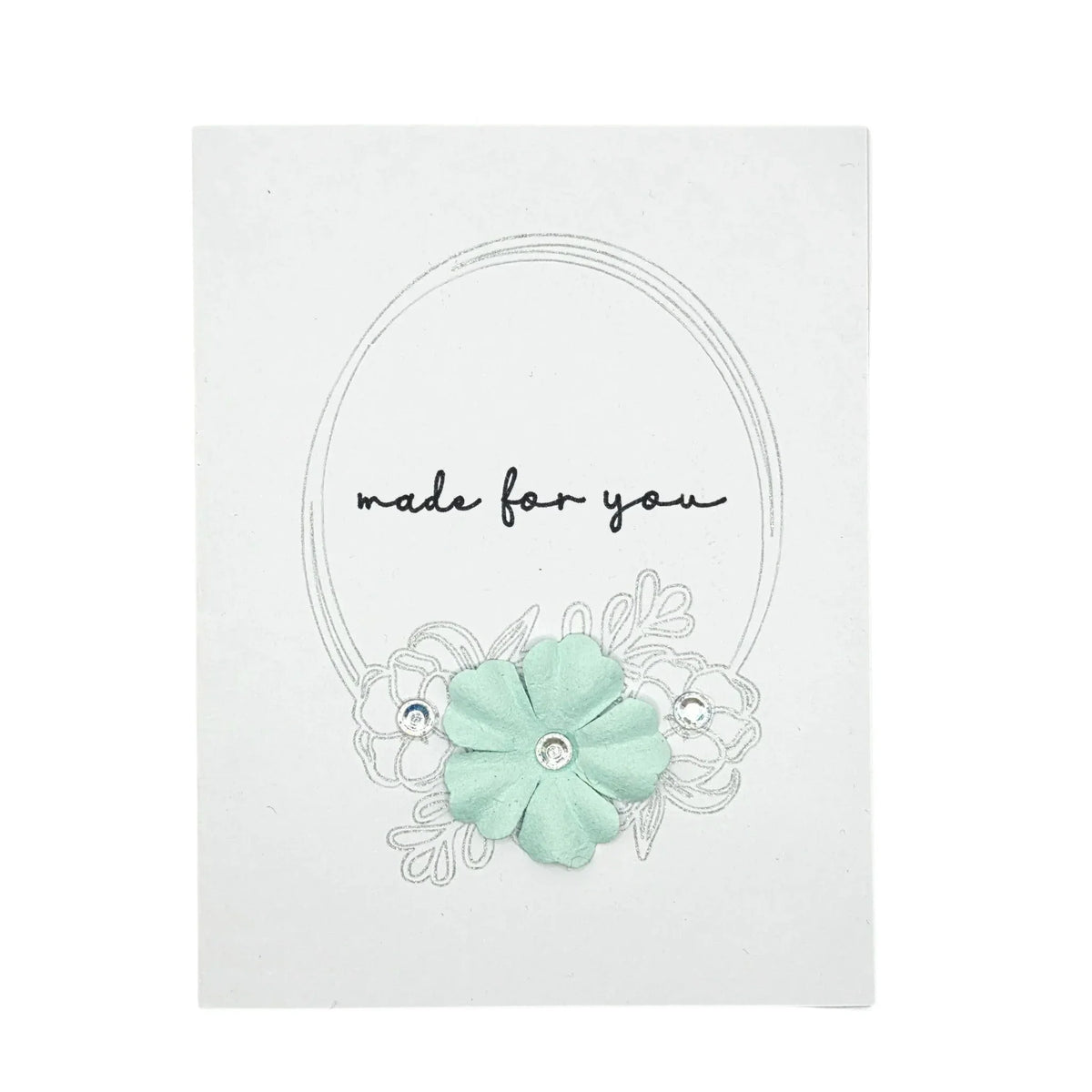 Handmade by Erika Liesel greeting card with a hand-drawn floral frame and mint green paper flower embellishment.