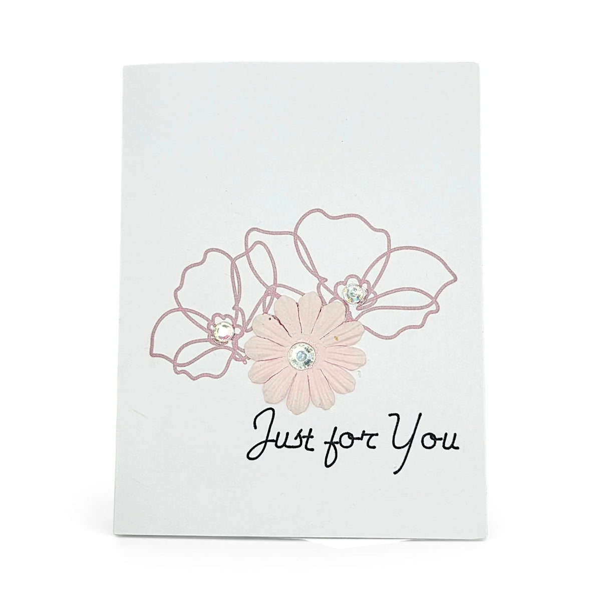 Handmade by Erika Liesel floral greeting card with pink paper flowers, metallic outlines, and Just for You text.