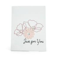 Handmade by Erika Liesel floral greeting card with pink paper flowers, metallic outlines, and Just for You text.