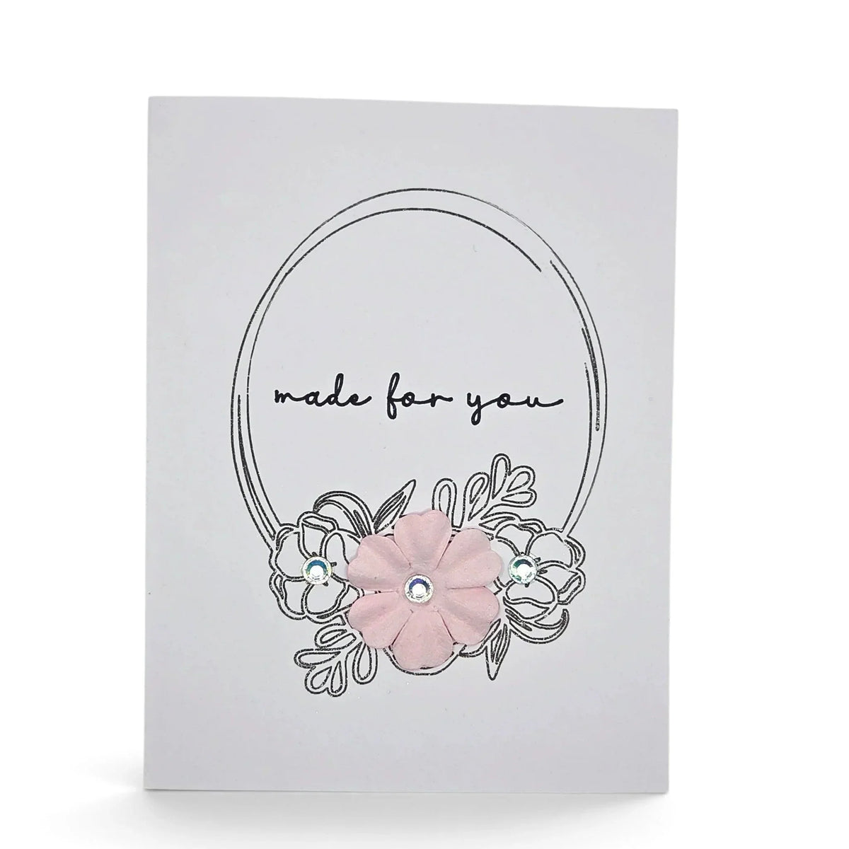 Handmade by Erika Liesel greeting card with a hand-drawn floral frame and pink paper flower accent on white cardstock