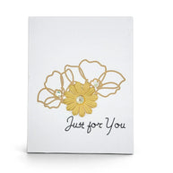 Handmade by Erika Liesel floral greeting card with gold metallic flowers, rhinestones, and Just for You text.