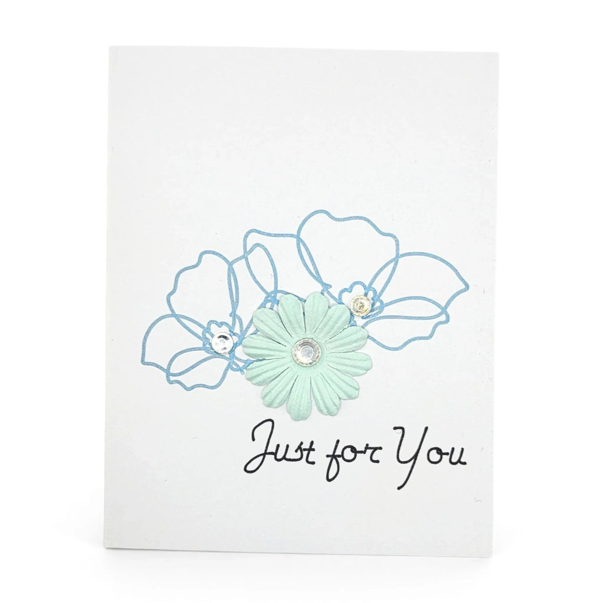 Handmade by Erika Liesel floral greeting card with blue line art, a mint paper flower, and Just for You text.
