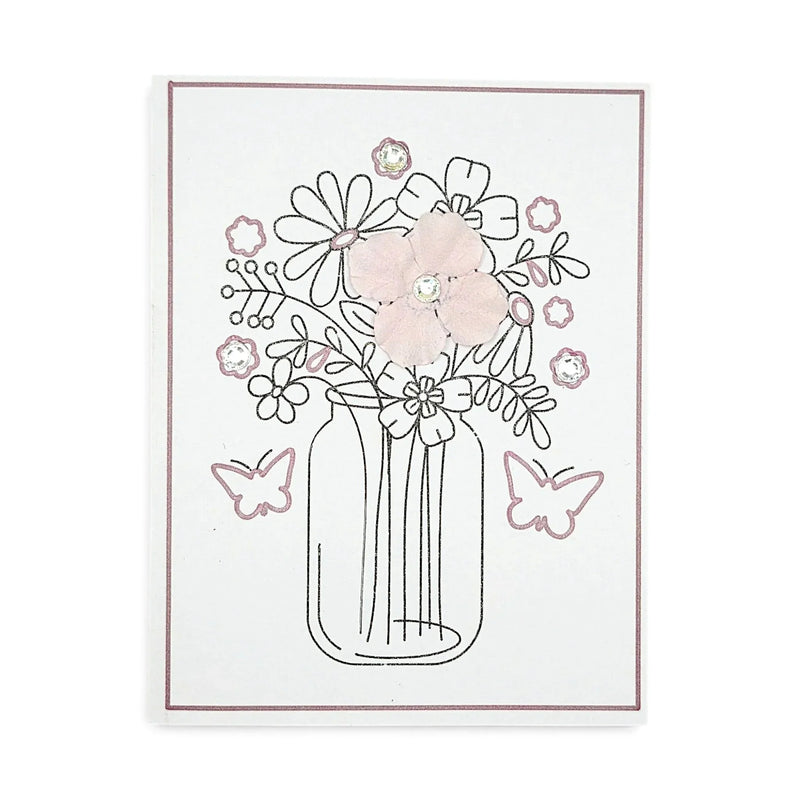 Handmade by Erika Liesel blank greeting card featuring a floral vase illustration with glitter and metallic accents.