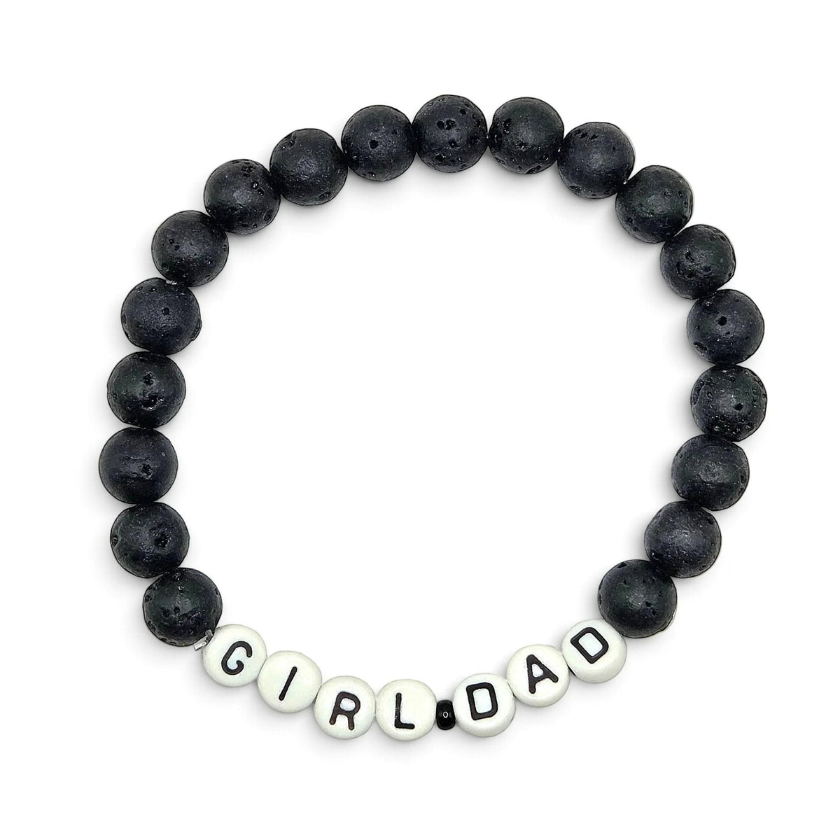 Handmade by Erika Liesel men's stretch bracelet featuring matte black lava stone beads and white Girl Dad letter beads