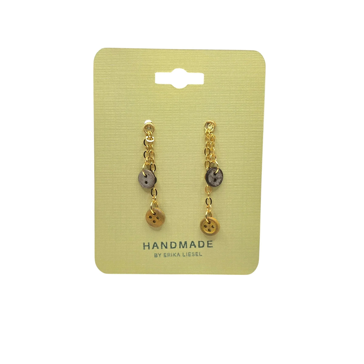 Handmade button earrings with gold chain, rustic charm on yellow card, cozy craft gift