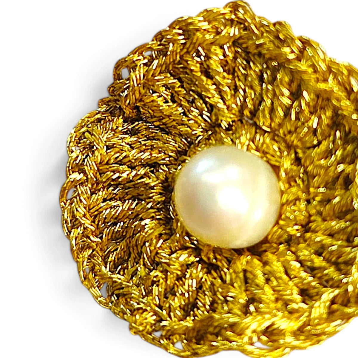 Handmade by Erika Liesel gold metallic crochet flower earrings with a central freshwater pearl drop