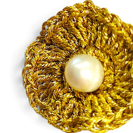 Handmade by Erika Liesel gold metallic crochet flower earrings with a central freshwater pearl drop