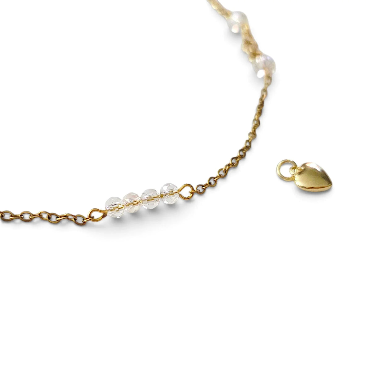 Handmade by Erika Liesel gold-tone chain necklace with crystal glass accents and a detachable heart charm