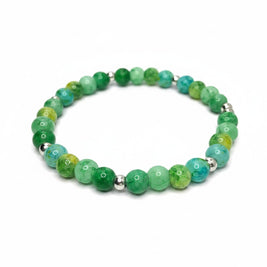 Handmade by Erika Liesel Emerald Garden stretch bracelet with green glass beads, faux pearls, and rhinestone spacers.