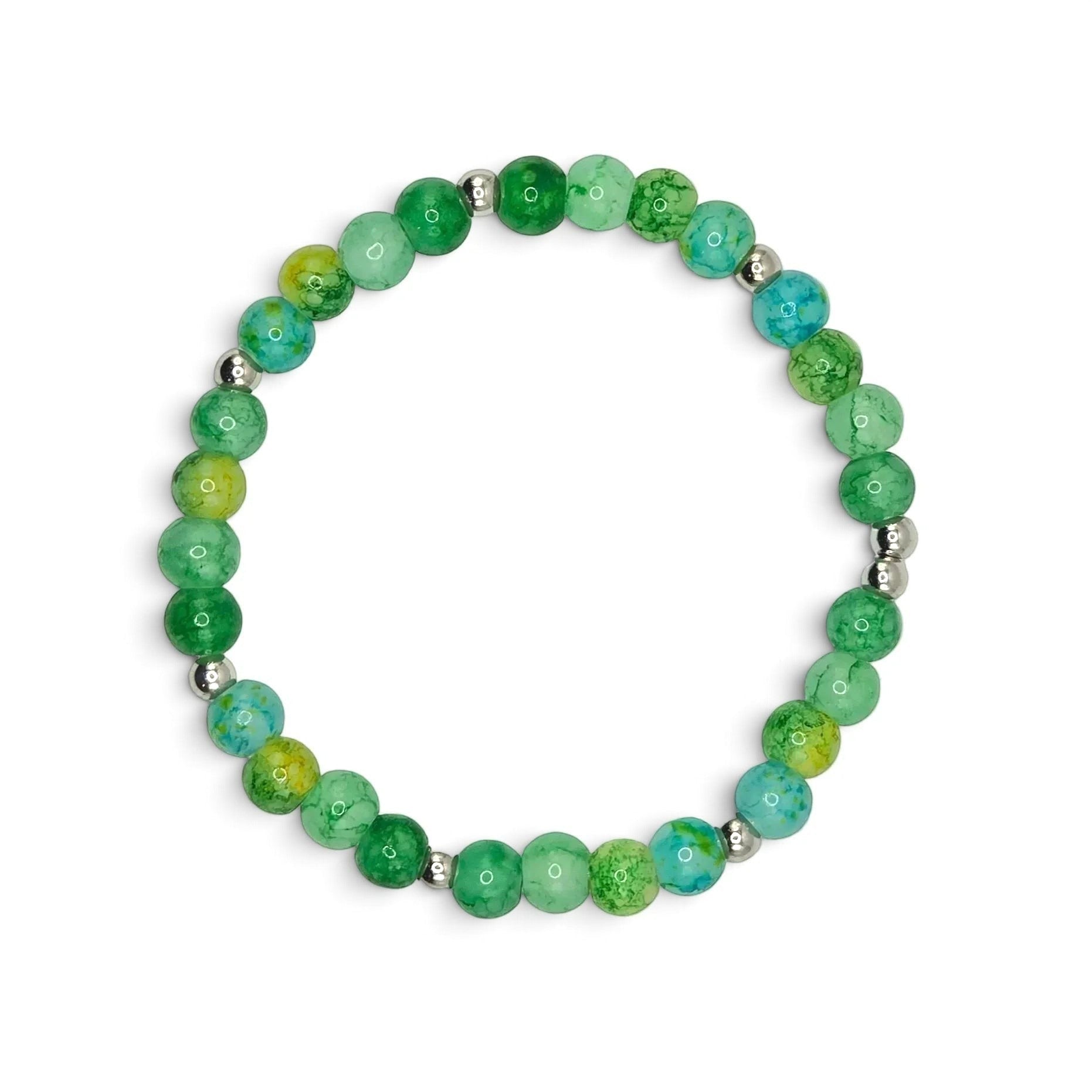 Handmade by Erika Liesel Emerald Garden stretch bracelet featuring green glass beads, faux pearls, and rhinestones.