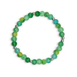 Handmade by Erika Liesel Emerald Garden stretch bracelet featuring green glass beads, faux pearls, and rhinestones.