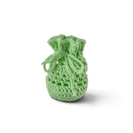 Handmade by Erika Liesel light green crochet drawstring bag made from soft premium yarn for gifts or home storage.