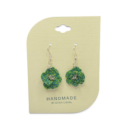 Handmade by Erika Liesel Bloom crochet flower earrings in green and blue thread with silver bead accents