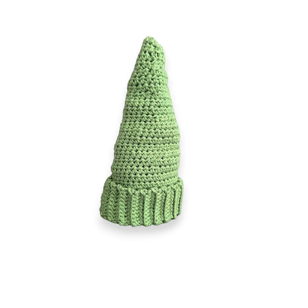 Handmade green crochet gnome hat with ribbed brim, cozy and festive winter accessory