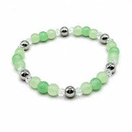 Handmade by Erika Liesel Meadow stretch bracelet featuring green glass beads, clear crystals, and silver-tone accents.