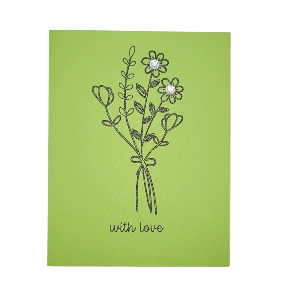 Handmade by Erika Liesel green greeting card featuring a black floral bouquet sketch and sparkling rhinestone accents.