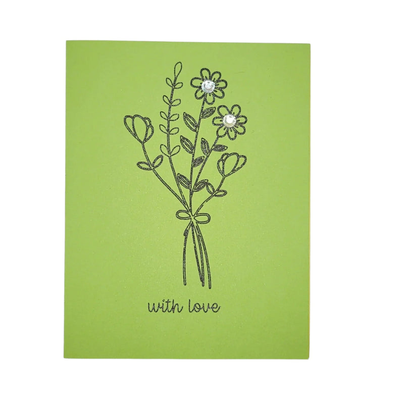 Handmade by Erika Liesel green greeting card featuring a black floral bouquet sketch and sparkling rhinestone accents.