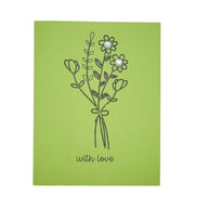 Handmade by Erika Liesel green greeting card featuring a black floral bouquet sketch and sparkling rhinestone accents.