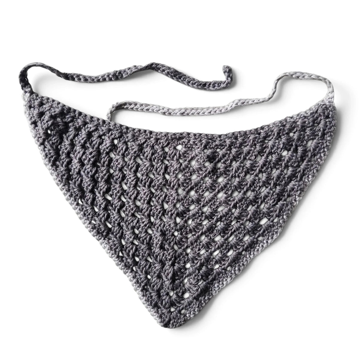 Handmade by Erika Liesel grey crochet bandana with a lightweight, breathable, and stretchy triangular design.