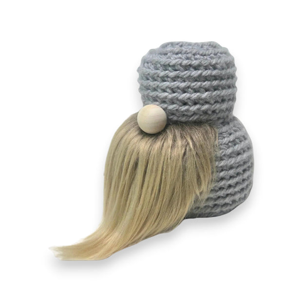Handmade by Erika Liesel grey crochet gnome base with a soft faux fur beard and wooden nose for seasonal decor