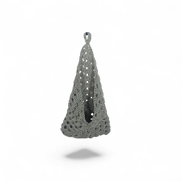 Handmade by Erika Liesel grey crocheted hanging basket with a textured open-weave design for home storage.