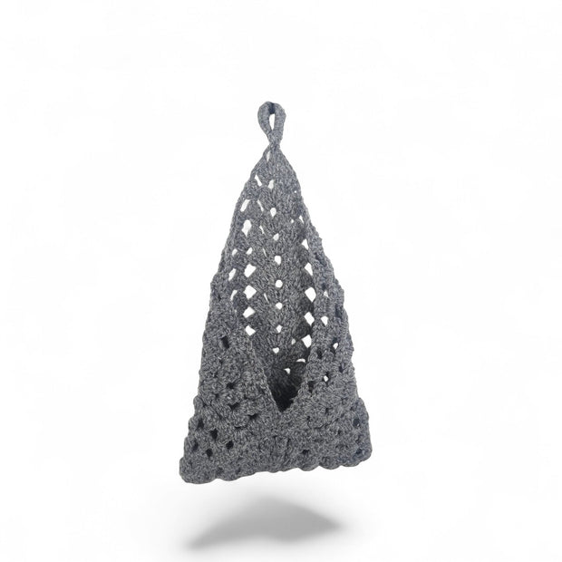 Handmade by Erika Liesel grey crochet hanging basket with a triangular open-weave design for home storage.
