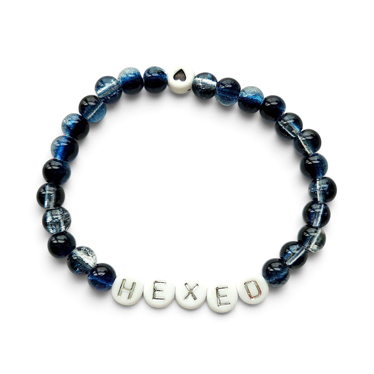 Handmade by Erika Liesel Hexed bracelet with midnight blue glass beads, silver letter beads, and a small heart charm.