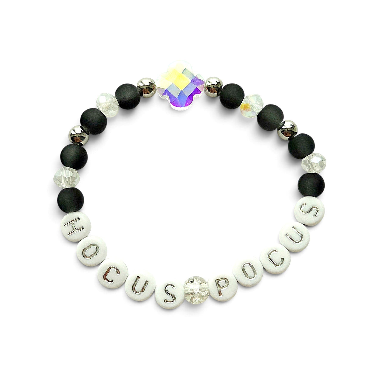 Handmade by Erika Liesel Hocus Pocus stretch bracelet with matte black beads, silver letters, and iridescent crystal.