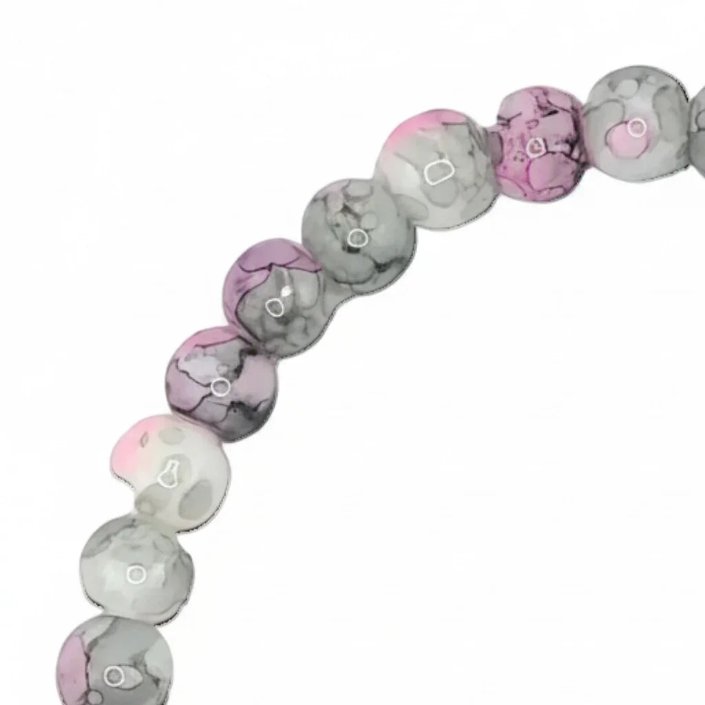 Handmade by Erika Liesel Kind Soul stretch bracelet with pink, gray, and white marbled glass beads and letter charms.
