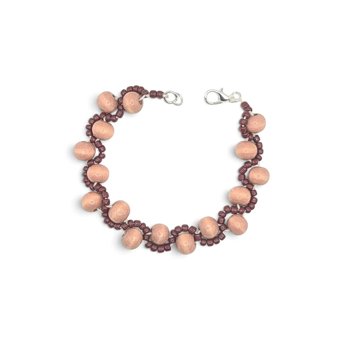 Handmade wooden bead bracelet with burgundy accents, cozy artisan jewelry for everyday wear