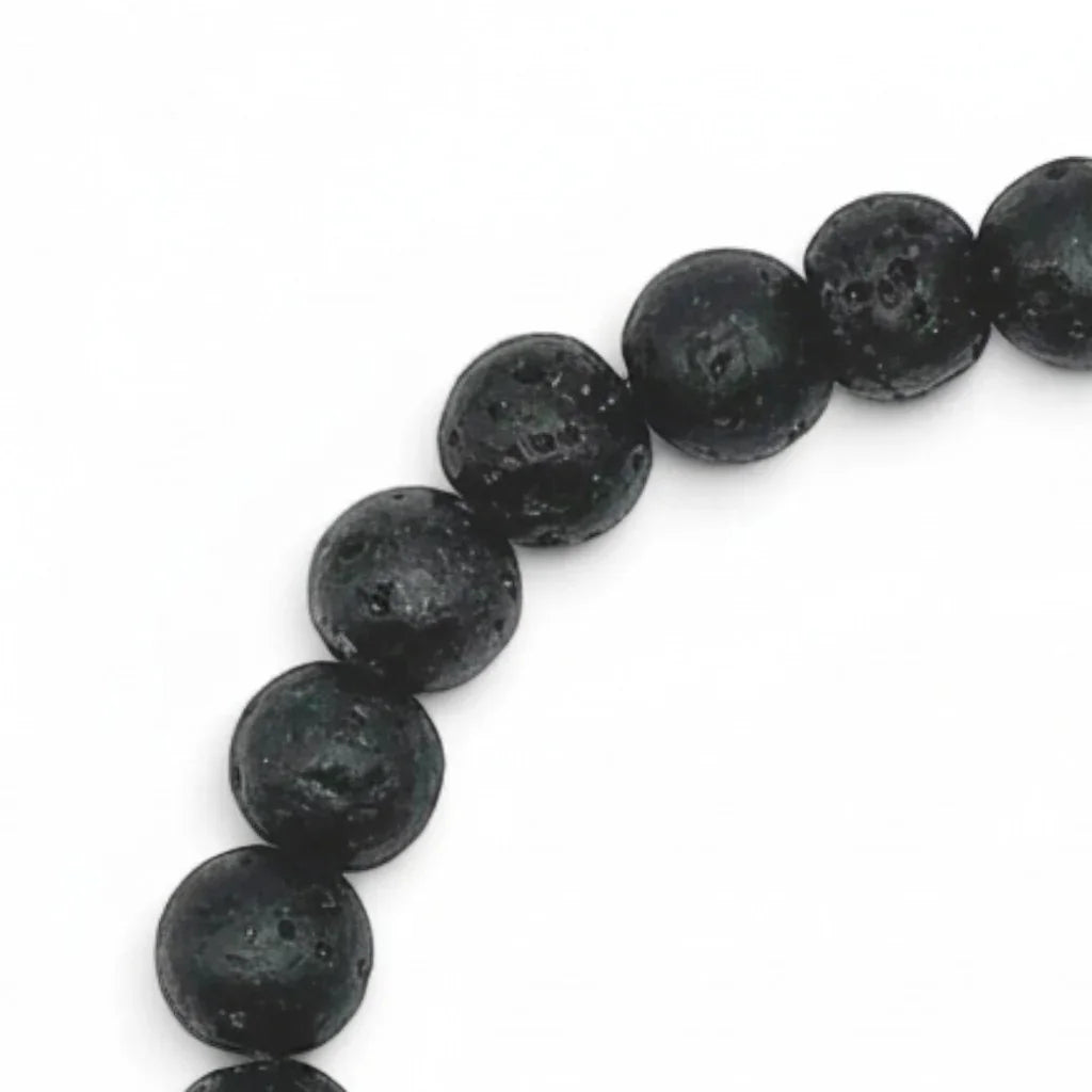 Handmade by Erika Liesel men's 8-inch stretch bracelet featuring matte black lava stone beads and Righty Tighty text.