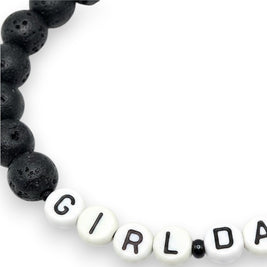 Handmade by Erika Liesel matte black lava stone bead bracelet with white acrylic letter beads spelling Girl Dad
