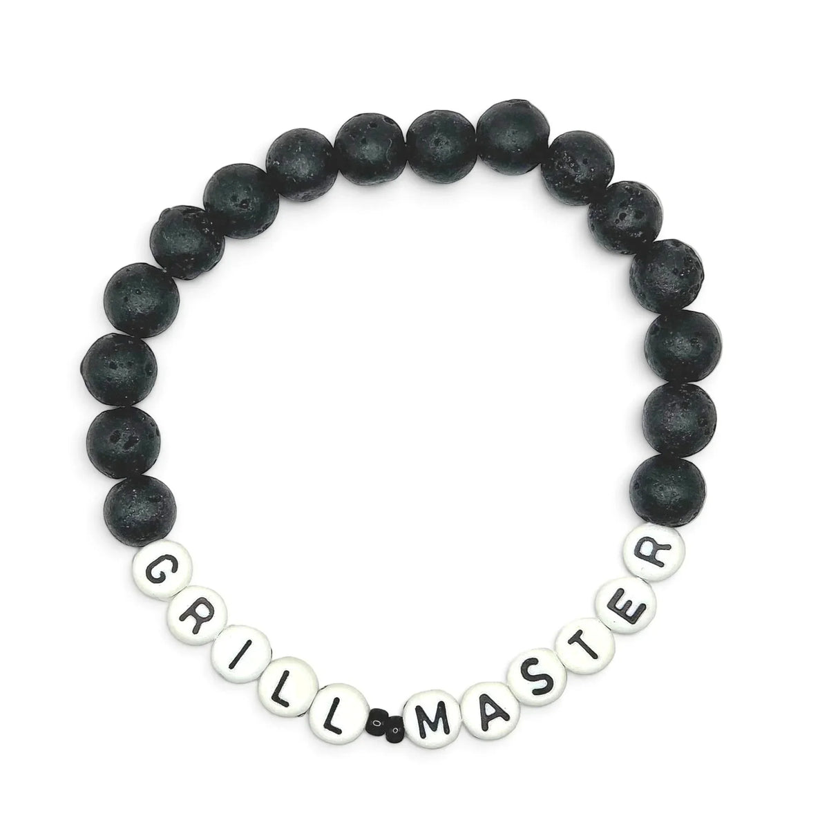 Handmade by Erika Liesel men's stretch bracelet with 8mm matte black lava stone beads and white Grill Master letter beads