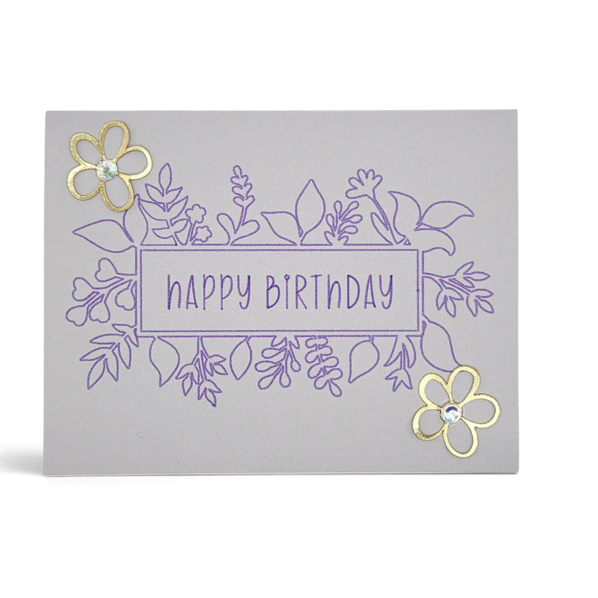 Handmade by Erika Liesel Happy Birthday card in lavender with purple floral line art and gold flower embellishments.